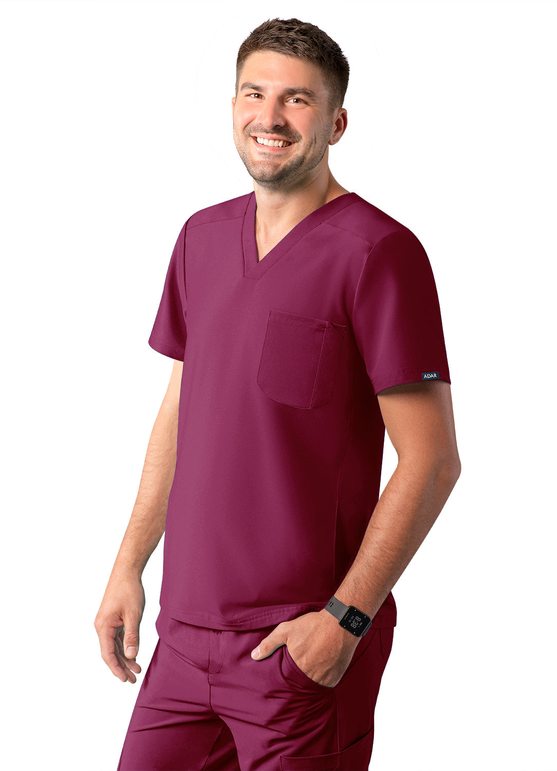 Adar Addition Men's Modern Multi-Pocket V-Neck Scrub Top