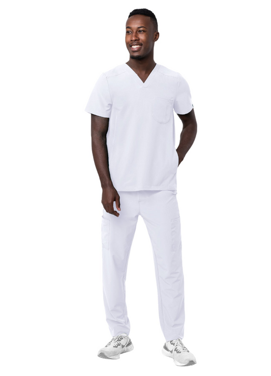 Adar Addition Go-Everyday Men's Scrub Set - Stylish Scrub Top and Cargo Scrub Pants (White/Black)