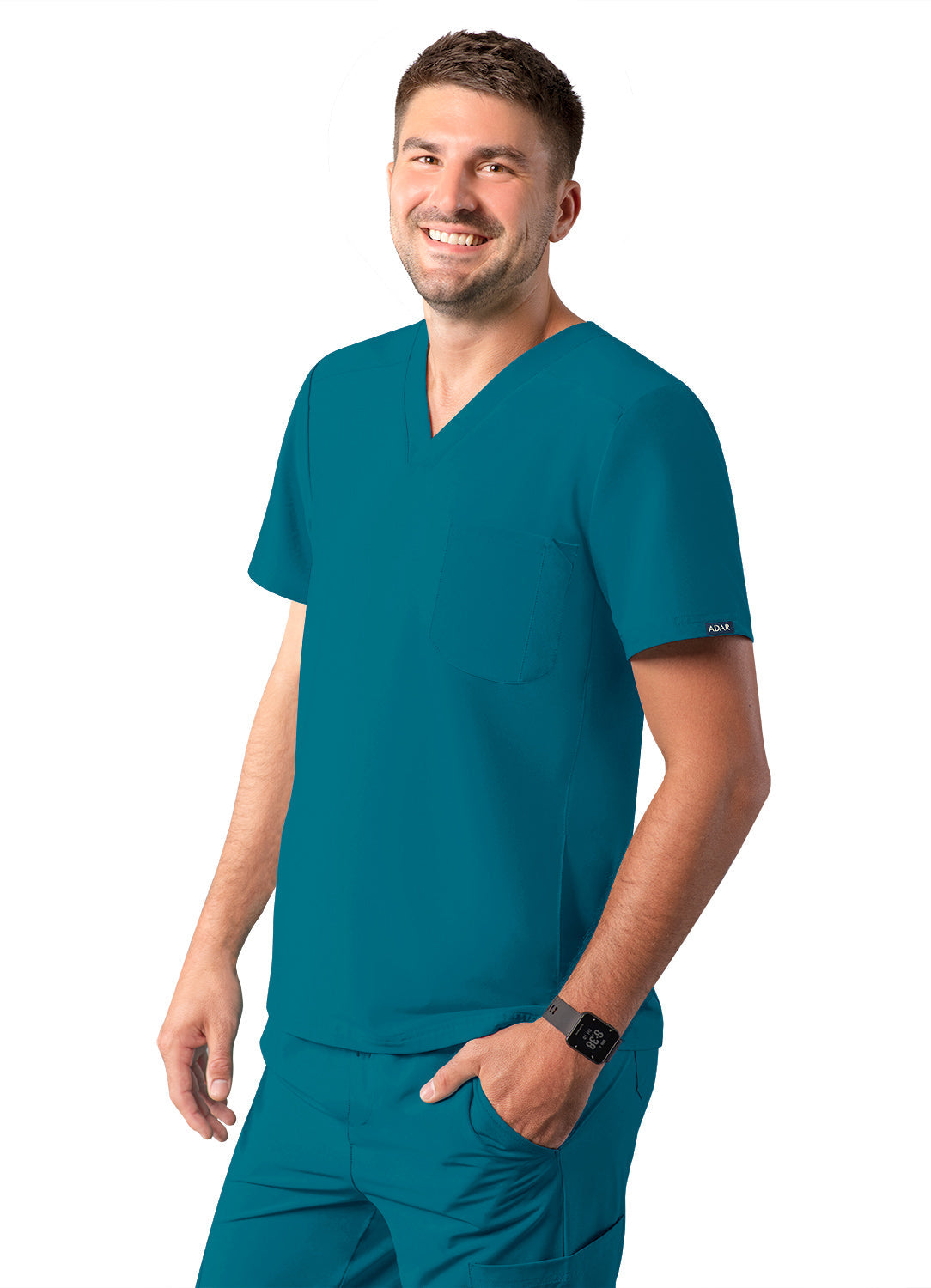 Adar Addition Men's Modern Multi-Pocket V-Neck Scrub Top (2X-3X)