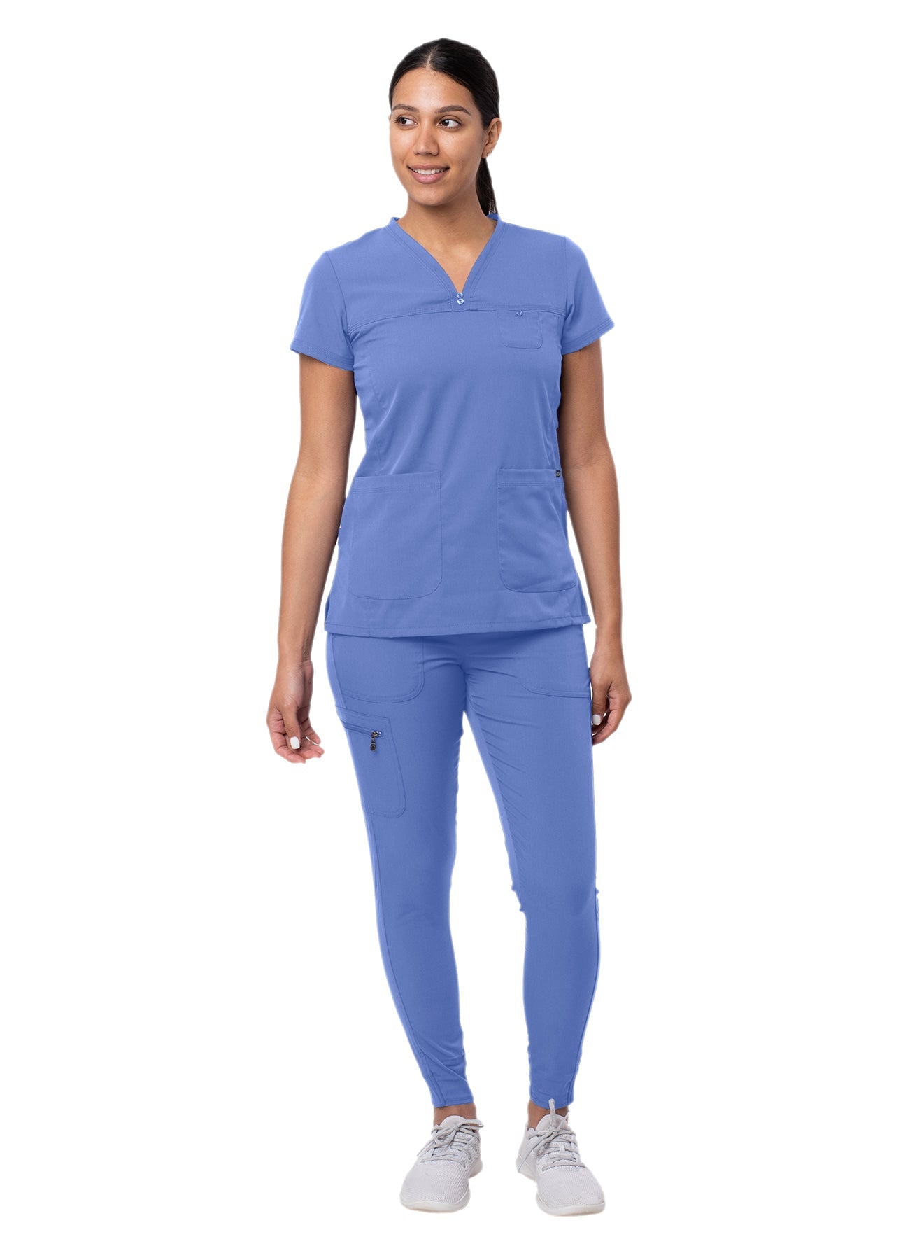 Adar's Pro Movement Booster Scrub set designed for women includes a Sweetheart V-neck Scrub Top and Yoga Jogger Scrub Pants. S-XL