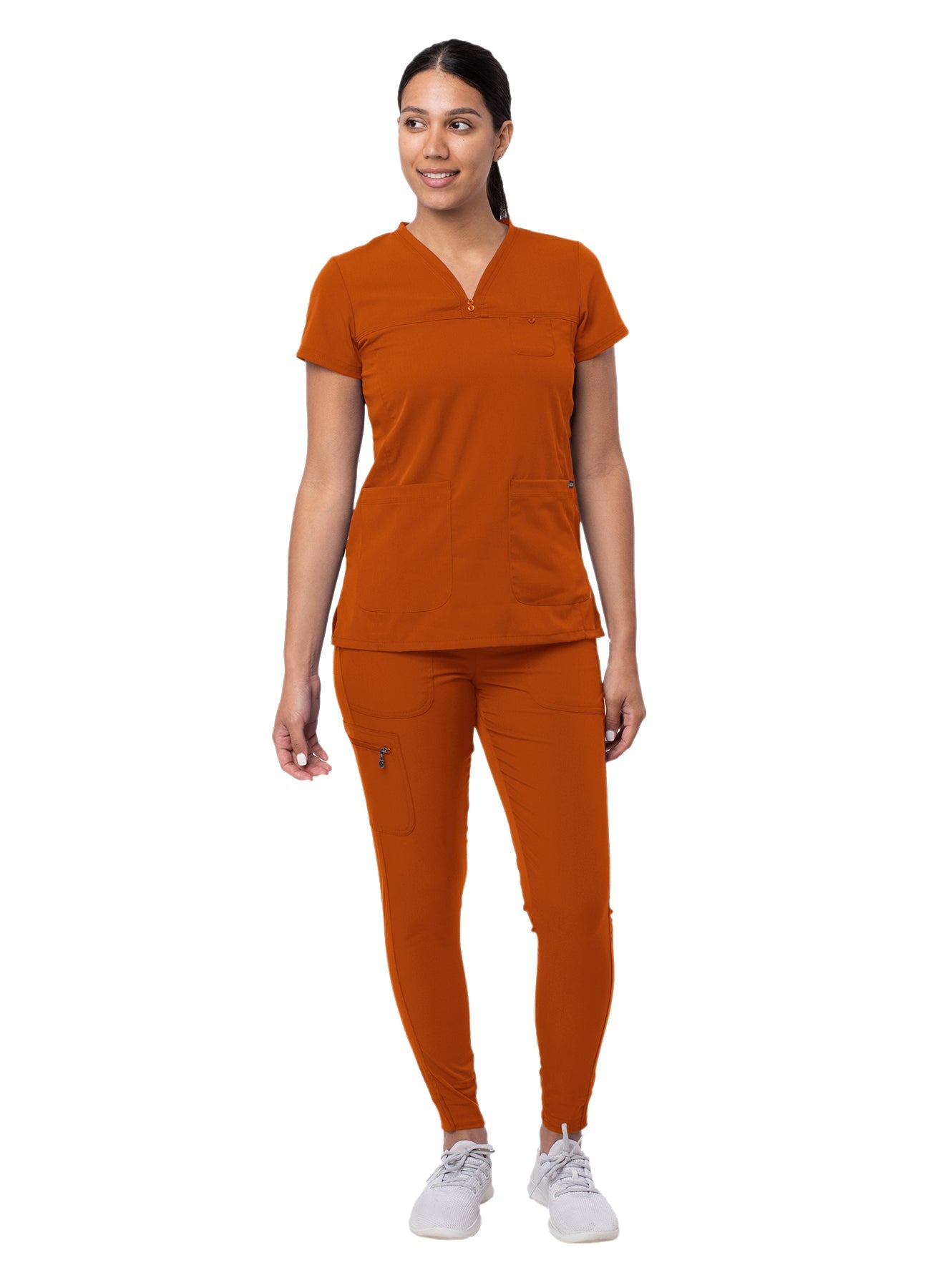 Adar's Pro Movement Booster Scrub set designed for women includes a Sweetheart V-neck Scrub Top and Yoga Jogger Scrub Pants. 2X-3X