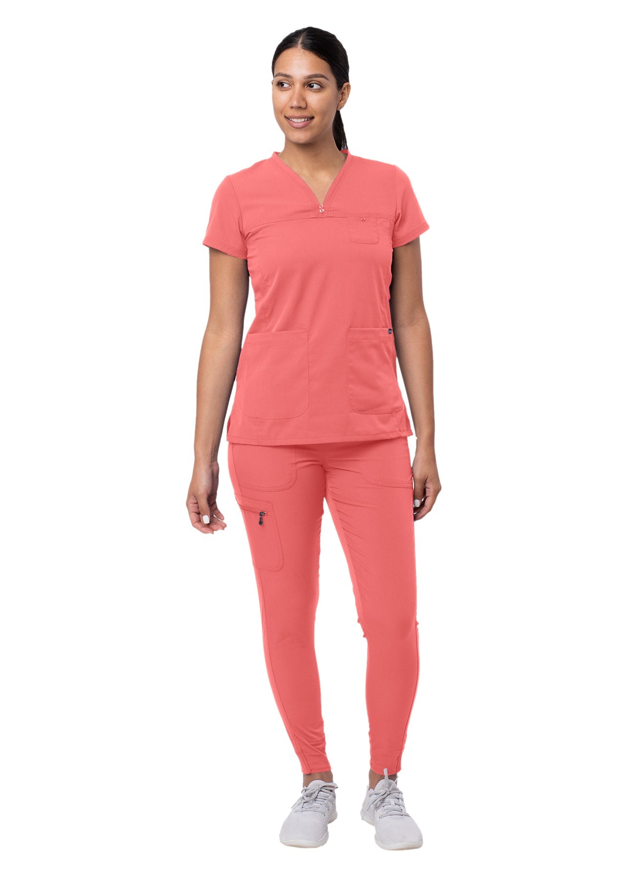 Adar's Pro Movement Booster Scrub set designed for women includes a Sweetheart V-neck Scrub Top and Yoga Jogger Scrub Pants. S-XL