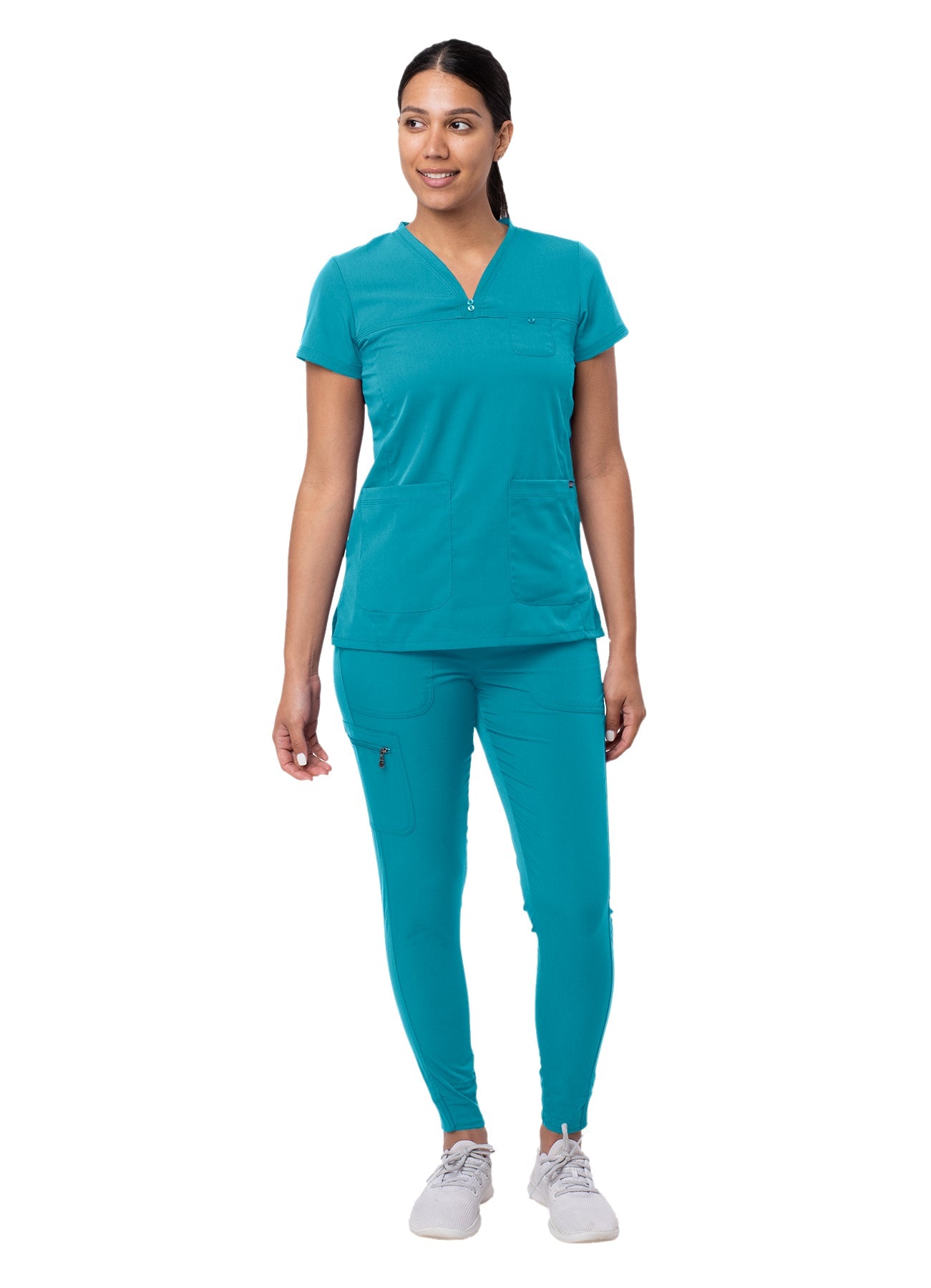 Adar's Pro Movement Booster Scrub set designed for women includes a Sweetheart V-neck Scrub Top and Yoga Jogger Scrub Pants. S-XL