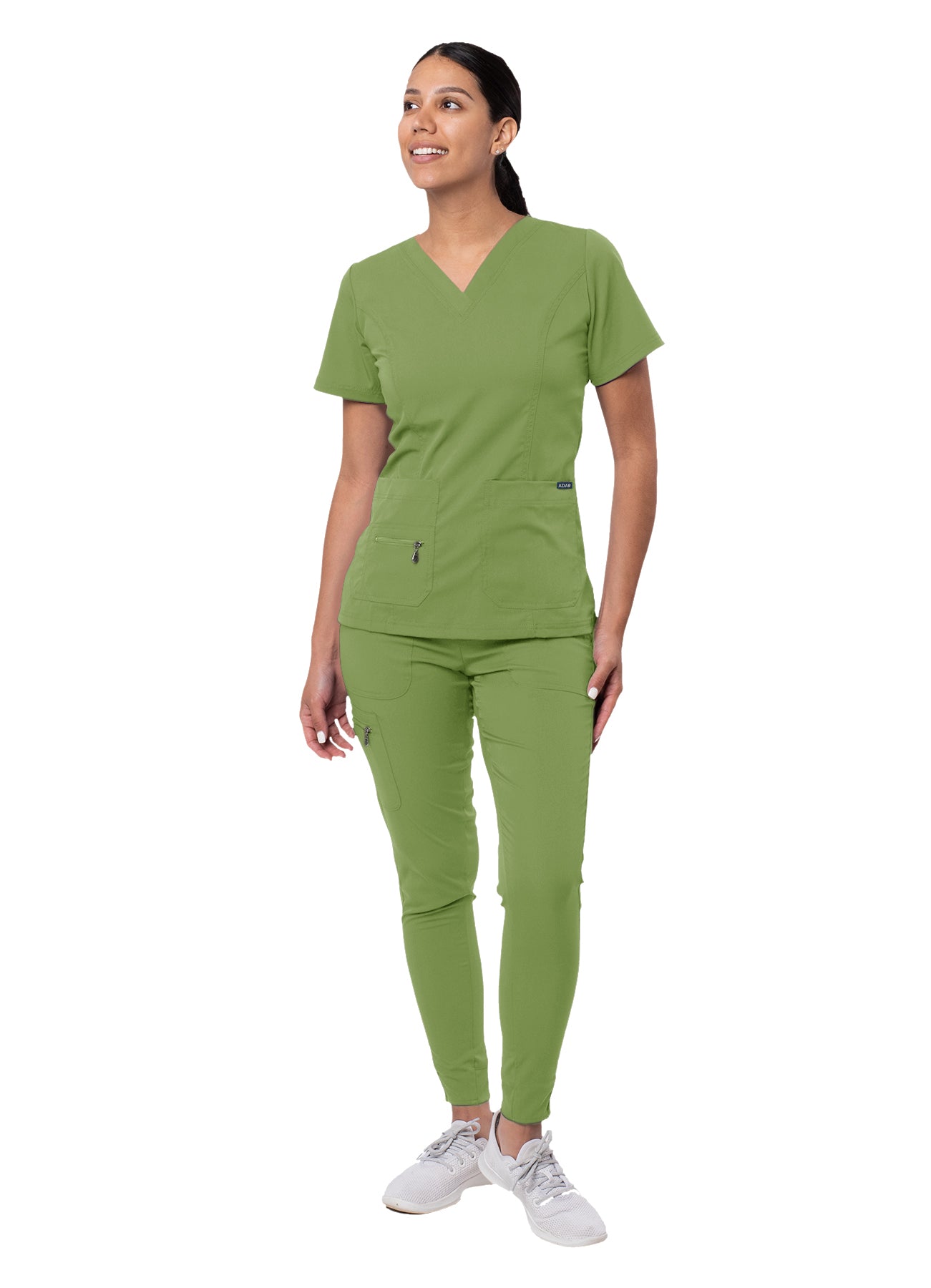 The Adar Pro Flawless Plus Scrub Set for women includes an Elevated V-Neck Top and Jogger Scrub Pants. XXS-XS