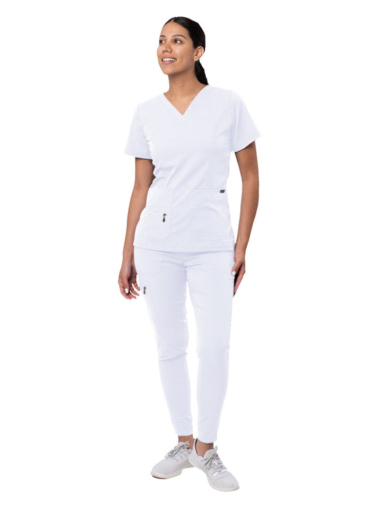 The Adar Pro Flawless Plus Scrub Set for women includes an Elevated V-Neck Top and Jogger Scrub Pants. S-XL