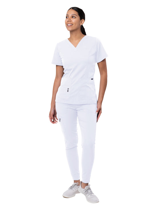 The Adar Pro Flawless Plus Scrub Set for women includes an Elevated V-Neck Top and Jogger Scrub Pants. XXS-XS